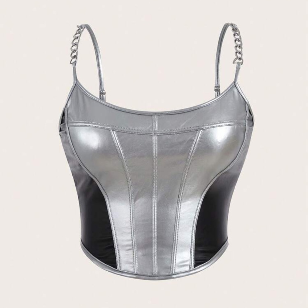 NWT Colorblock Metallic Silver Chain Detail Crop Cami Top - Picture 2 of 10